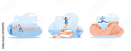 Self-improvement concept. I am turning the impossible into possible and standing on a pile of books. Jump from the past to the future. set trend modern vector flat illustration