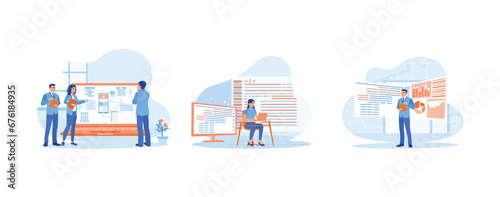 APP devs concept. IT expert working in modern office. Website coding standards. Binary and data on the digital tablet screen. set trend modern vector flat illustration