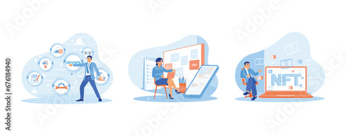  APP devs concept. I am touching the DEVOPS button on the virtual screen. Female IT developer sitting in a chair at work. Businessman showing NFT hologram. set trend modern vector flat illustration