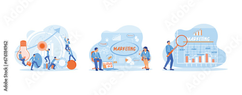 Marketing concept. Work on improving marketing ideas. Marketing concept display. Marketing concept with financial graphs and charts. set trend modern vector flat illustration