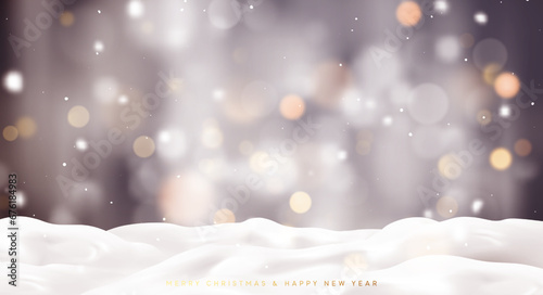 White snow background. Christmas snow landscape with lights bokeh blur effect. Winter snowdrift realistic 3d design. Vector illustration