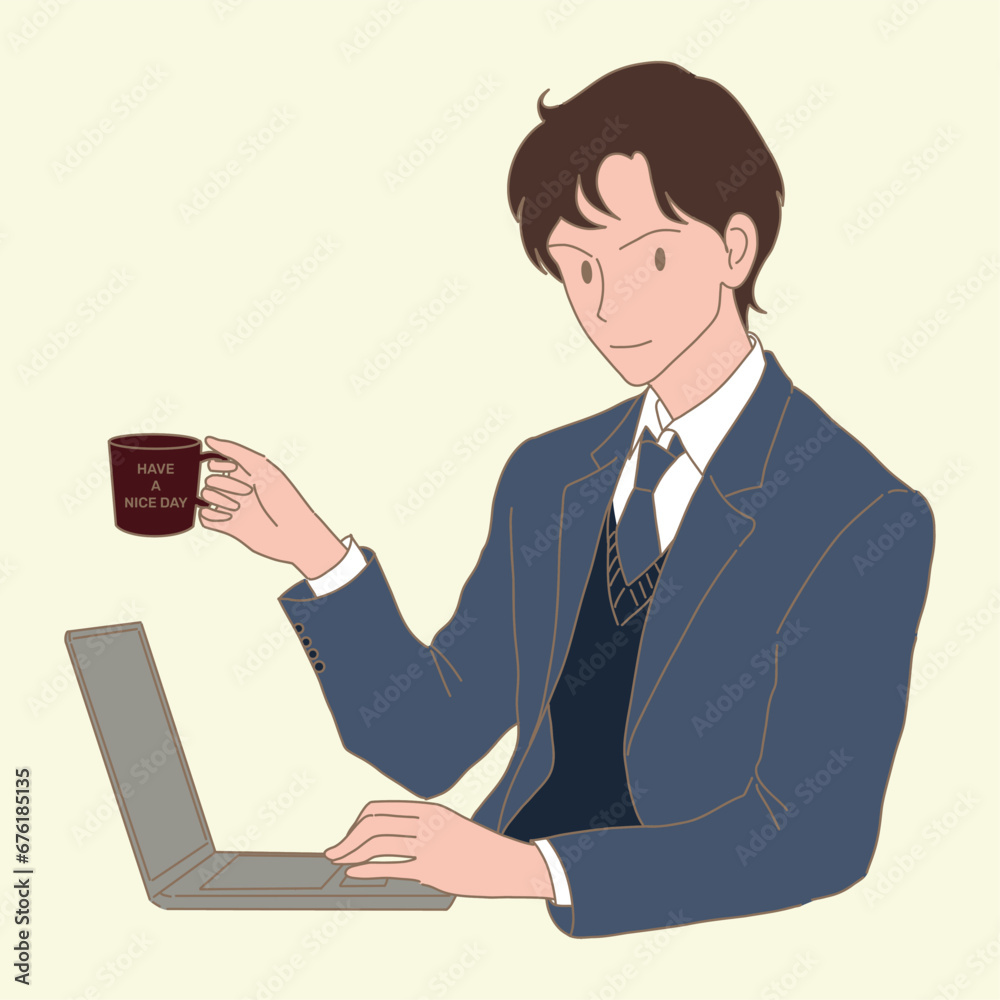 Handsome businessman enjoying coffee, sitting on workplace with laptop computer. Have a nice day coffee cup. Hand drawn flat cartoon character vector illustration. Handsome businessman enjoying coffee, sitting on workplace with laptop computer. Have a nice day coffee cup. Hand drawn flat cartoon character vector illustration.