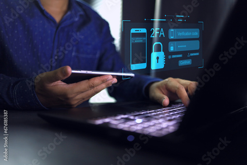 2fa two factor authentication concept with businessman input secure code to verify and access the application confirmation both computer screen and mobile phone