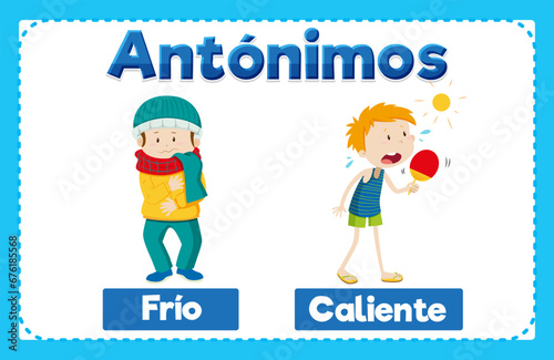 Antonym Word Card: Frio and Caliente in Spanish means cold and hot