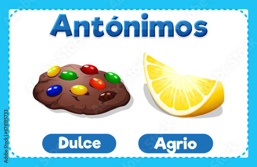 Dulce and Agrio: Spanish Antonym Word Card means sweet and sour