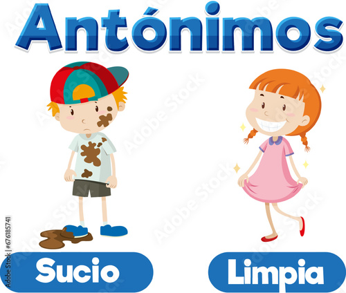 Sucio and Limpia: A Spanish Antonym Word Card means dirty and clean