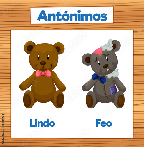 Lindo and Feo: Antonym Word Card in Spanish means nice and ugly