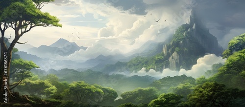 The lush green leaves of the towering tree against the backdrop of a dreamy sky creates a captivating illustration of the serene forest landscape where wood textures and mountainous terrain