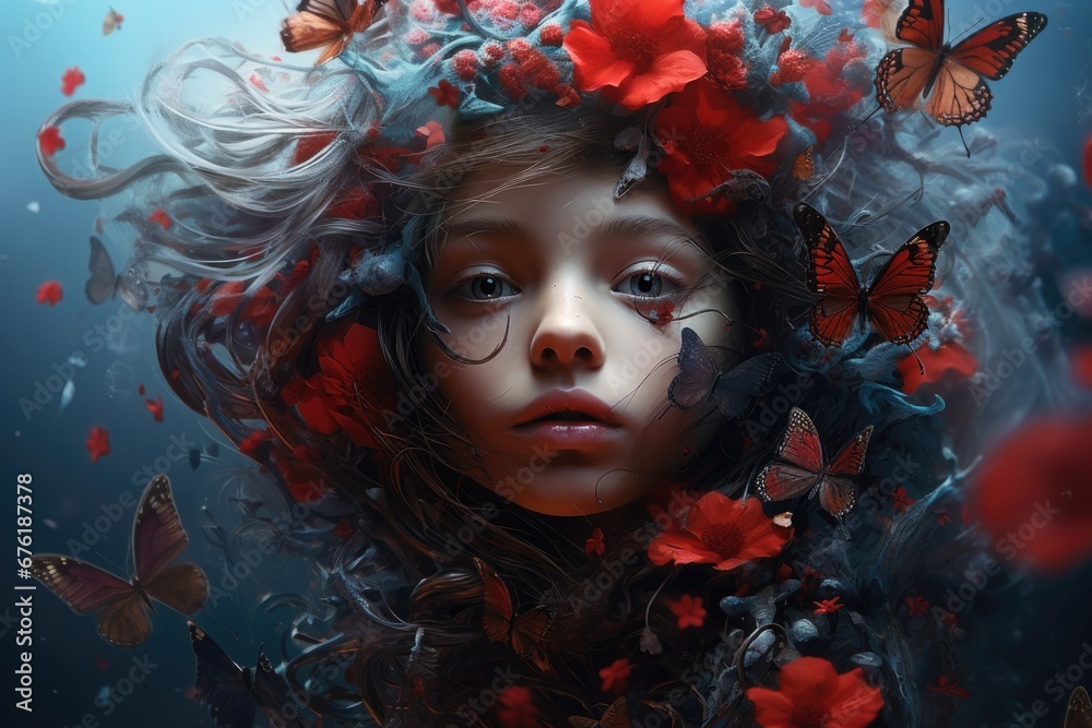 Portrait of child surrounded by flowers