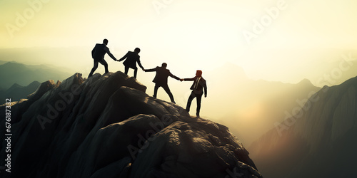 Team of businessman helping each other climbing to top mountain