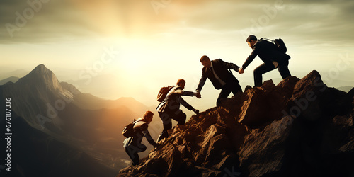 Team of businessman helping each other climbing to top mountain photo