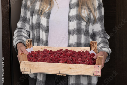 The girl is holding a box of raspberries. Grocery delivery at home. Harvesting, processing berries for jam.