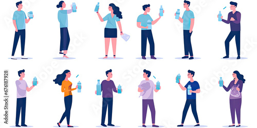 Men and women drinking water from plastic bottles and glasses set. illustration in a flat style