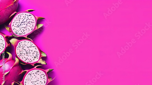 Delicious cut dragon fruit (pitahaya) on magenta hot pink background, flat lay. Space for text. AI generated digital design, postproduction. 