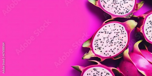 Delicious cut dragon fruit (pitahaya) on magenta hot pink background, flat lay. Space for text. AI generated digital design, postproduction.  © Maroubra Lab