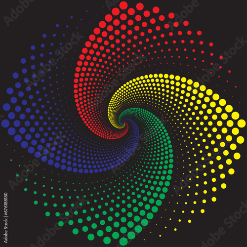 Abstract rainbow whirlpool vector background, swirl pattern with circle shapes. Festive geometric ornament on black backdrop. Trendy spiral design element for banner of card