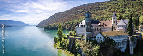 Aerial view of Abbey of Hautecombe, or Abbaye d'Hautecombe, in Savoie, France photo