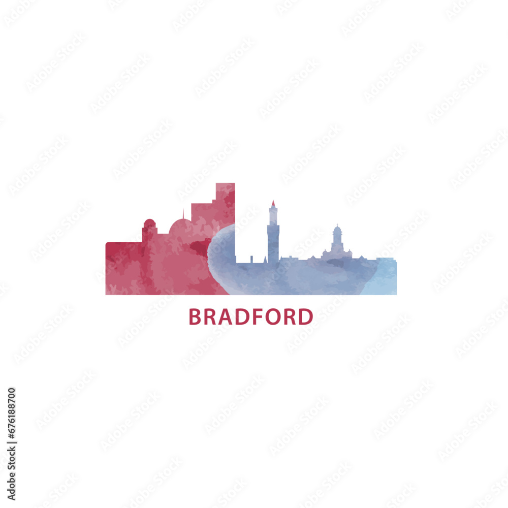 Bradford city UK watercolor cityscape skyline panorama vector flat modern logo icon. England, West Yorkshire emblem with landmarks and building silhouettes. Isolated red and blue graphic