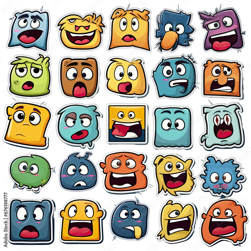 Retro cartoon stickers with funny comic characters, cartoon-style faces, vintage cartoon, PNG file