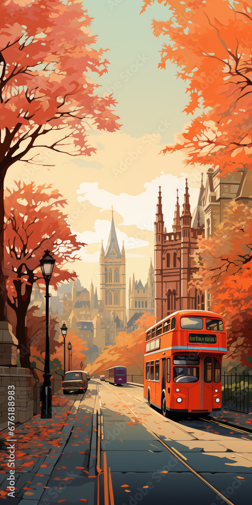 Autumn leaves london bus cartoon style - obrazy, fototapety, plakaty 