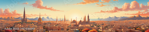 Barcelona, Spain Summer panorama view cartoon style photo