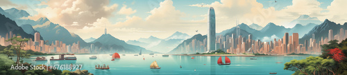 Hong Kong, China landscape cartoon style photo