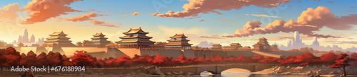 Autumn leaves china landscape cartoon style