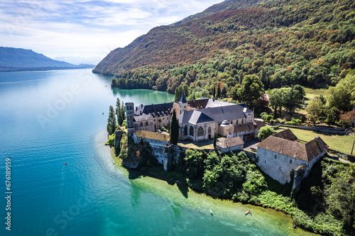 Fototapeta Naklejka Na Ścianę i Meble -  Aerial view of Abbey of Hautecombe, or Abbaye d'Hautecombe, in Savoie, France
