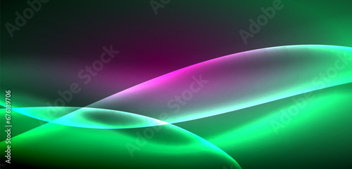 Dynamic waves in ethereal glow of neon lights. Concept merges fluidity of motion with vibrant allure of neon, crafting entrancing backdrop that embodies both vitality and futuristic sophistication