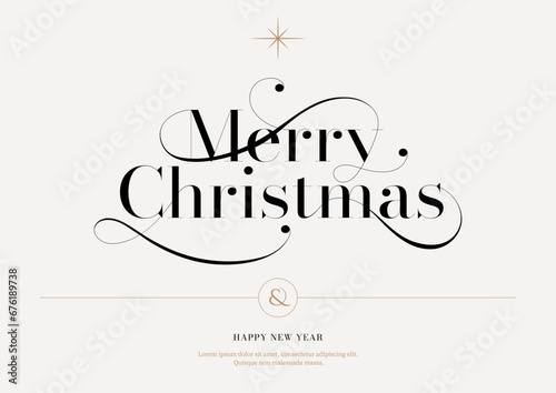 Merry Christmas lettering template. Xmas greeting card template, Invitation script calligraphy, Creative typographic quote, Holiday postcard element. Hand drawn style. Trendy vector line illustration.