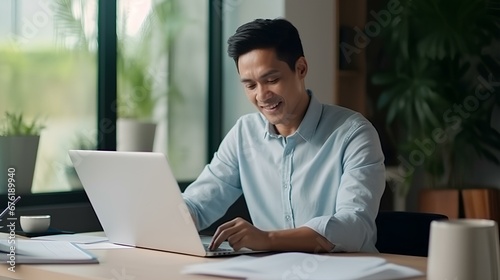 Smiling Asian businessman reading financial document and using laptop on desk while working from home. generative AI