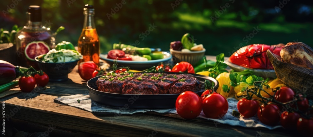The green tablecloth laid on the background of the outdoor BBQ provided a vibrant setting as the sizzling meat and vegetables were cooked on the grill while slices of bread and fresh tomato