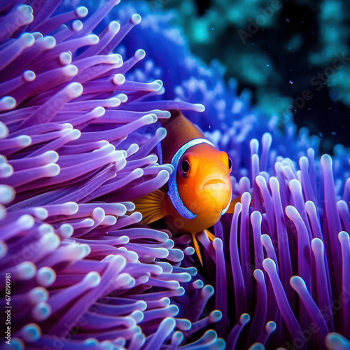 An orange clownfish peeking from the safety 