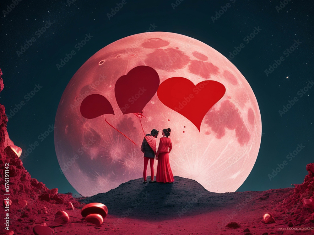 valentines Two lovers on the moon background valentines Two lovers on the moon background