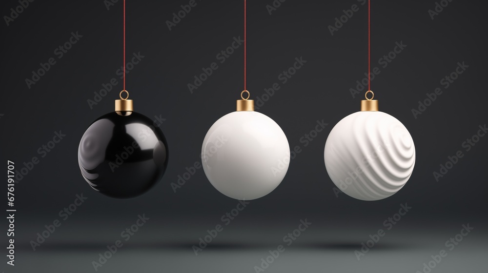 Christmas black and white baubles hanging on gold chain with a minimal dark background, modern Xmas ornaments and decorations, holiday advertisement - season's greetings concept. Christmas black and white baubles hanging on gold chain with a minimal dark background, modern Xmas ornaments and decorations, holiday advertisement - season's greetings concept.