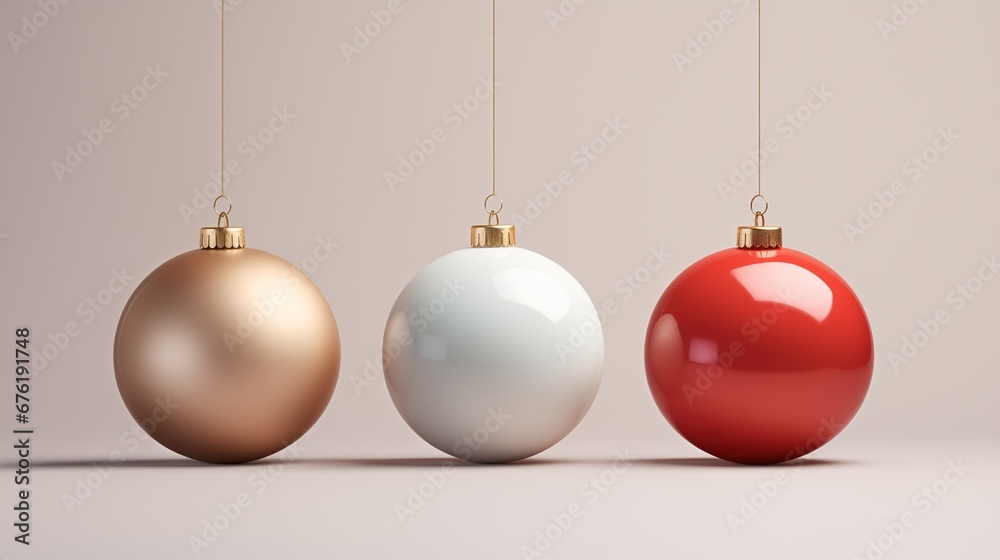 Christmas baubles hanging on gold chain with a minimal light background, modern pastel color theme, Xmas ornaments and decorations, holiday advertisement - season's greetings concept. Christmas baubles hanging on gold chain with a minimal light background, modern pastel color theme, Xmas ornaments and decorations, holiday advertisement - season's greetings concept.