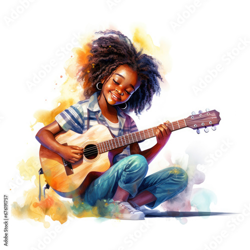 Cute cartoon African girl playing guitar  singing song Illustration  Generative Ai