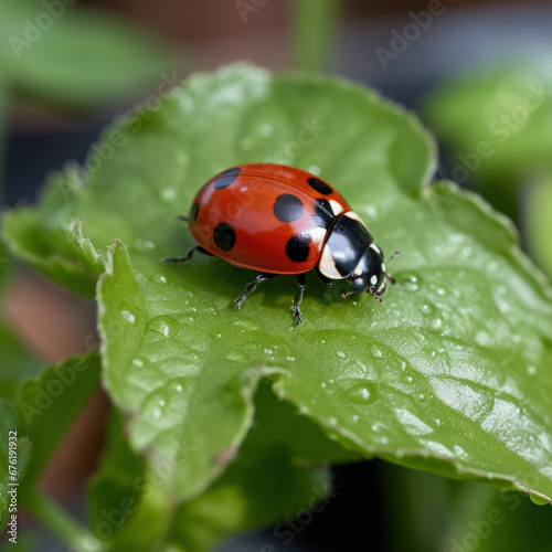 A bright red ladybug on a green leaf 