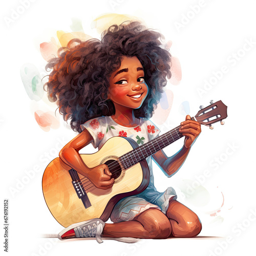 Cute cartoon African girl playing guitar, singing song Illustration, Generative Ai