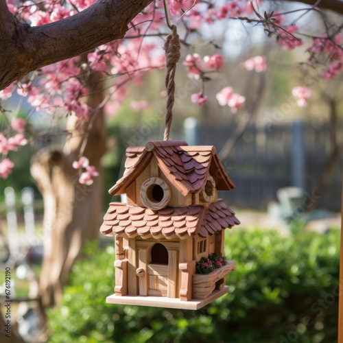 A handcrafted birdhouse hanging from a tree 