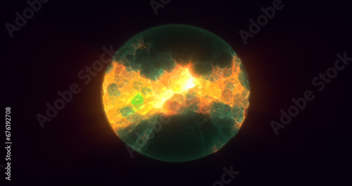 Energy abstract yellow green sphere of rapidly shimmering glowing liquid plasma, electric magic round energy ball with bursts of energy background