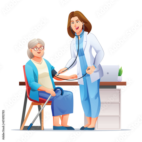 Doctor measuring blood pressure to elderly female patient. Healthcare medical examination concept. Vector cartoon character illustration