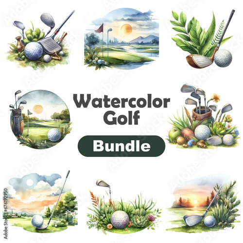 Watercolor golf elements set. Golf illustration with tee, golf club, golf ball, flagstick and grass isolated on white background. For design, background or wallpaper photo