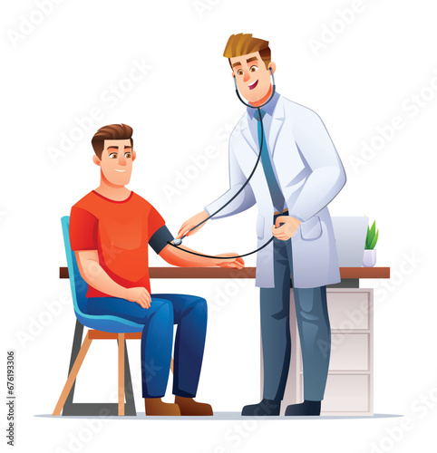 Doctor measuring blood pressure to patient in clinic. Medical examination and healthcare concept. Vector cartoon character illustration