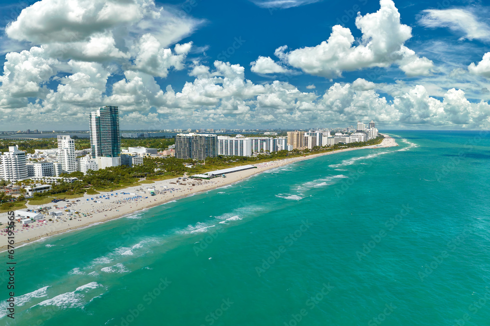 South Beach high luxurious hotels and apartment buildings. American southern seashore of Miami Beach city. Tourist infrastructure in Florida, USA