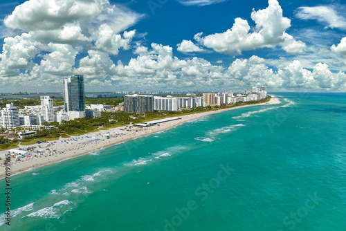 South Beach high luxurious hotels and apartment buildings. American southern seashore of Miami Beach city. Tourist infrastructure in Florida  USA