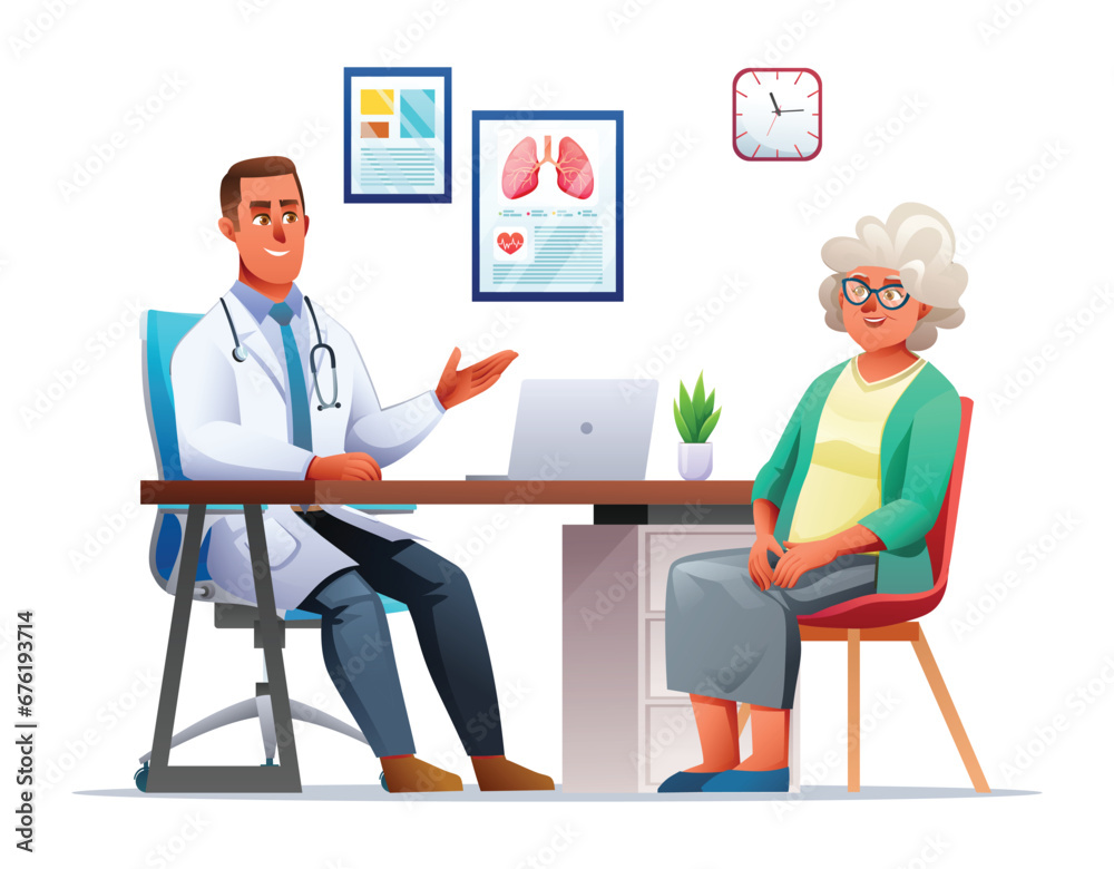 Doctor talking to elderly female patient in hospital office. Medical consultation in clinic. Vector cartoon character illustration Doctor talking to elderly female patient in hospital office. Medical consultation in clinic. Vector cartoon character illustration