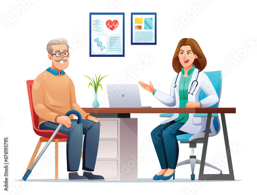 Elderly patient having consultation with female doctor in hospital. Medical consultation in clinic. Vector cartoon character illustration