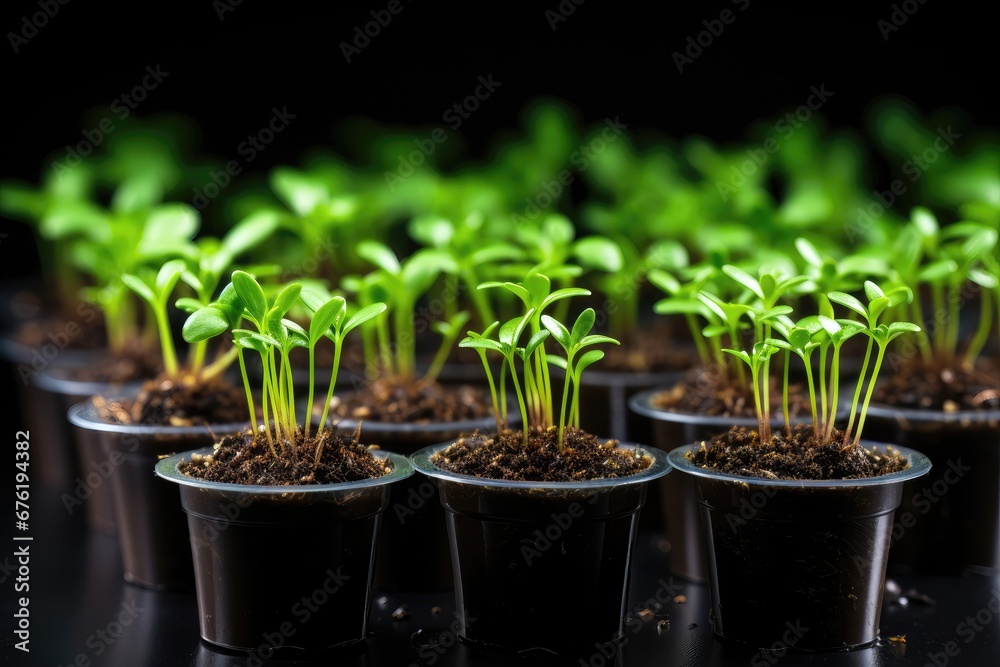 New sprouts delicately potted, with a shallow depth of field highlighting the tender growth in a focused and artistic composition. Photorealistic illustration New sprouts delicately potted, with a shallow depth of field highlighting the tender growth in a focused and artistic composition. Photorealistic illustration