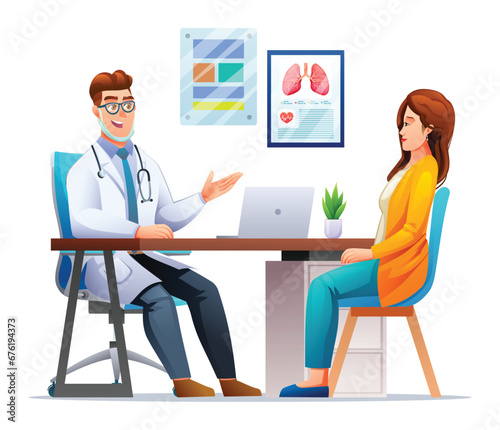 Doctor having consultation with woman patient in hospital. Medical consultation at the clinic. Vector cartoon character illustration